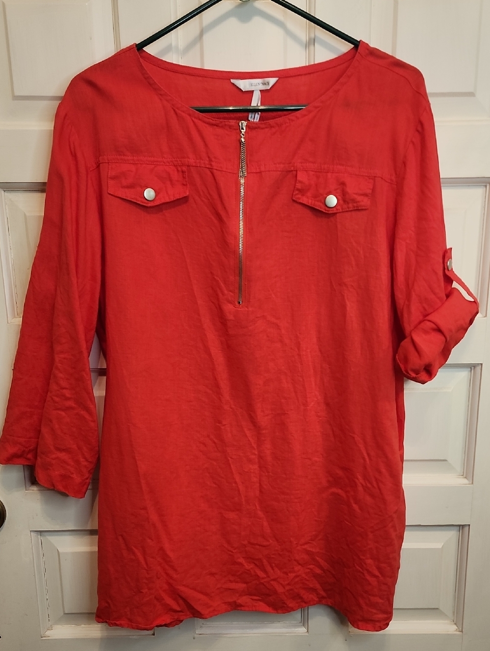 Ellen Tracy Vibrant Coral Poppy Red 100% Linen Zip-Front Roll-Sleeve Tunic